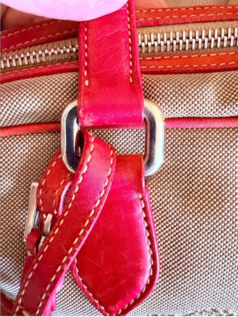 Prada Beige Canvas Shoulder Bag with Red Leather Trim COA - Picture 9 of 13